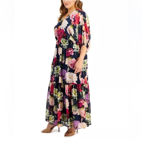 NWT Taylor Plus Size V-Neck Chiffon Elbow-Sleeve Maxi Dress Navy Lilac size 20W - Picture 1 of 12